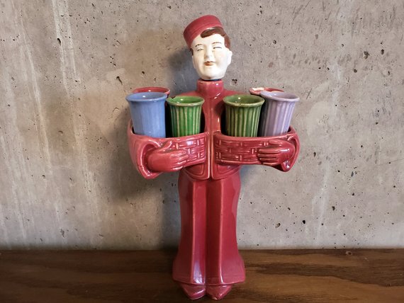 Antique German Art Deco Bellhop Decanter with Shot Glasses