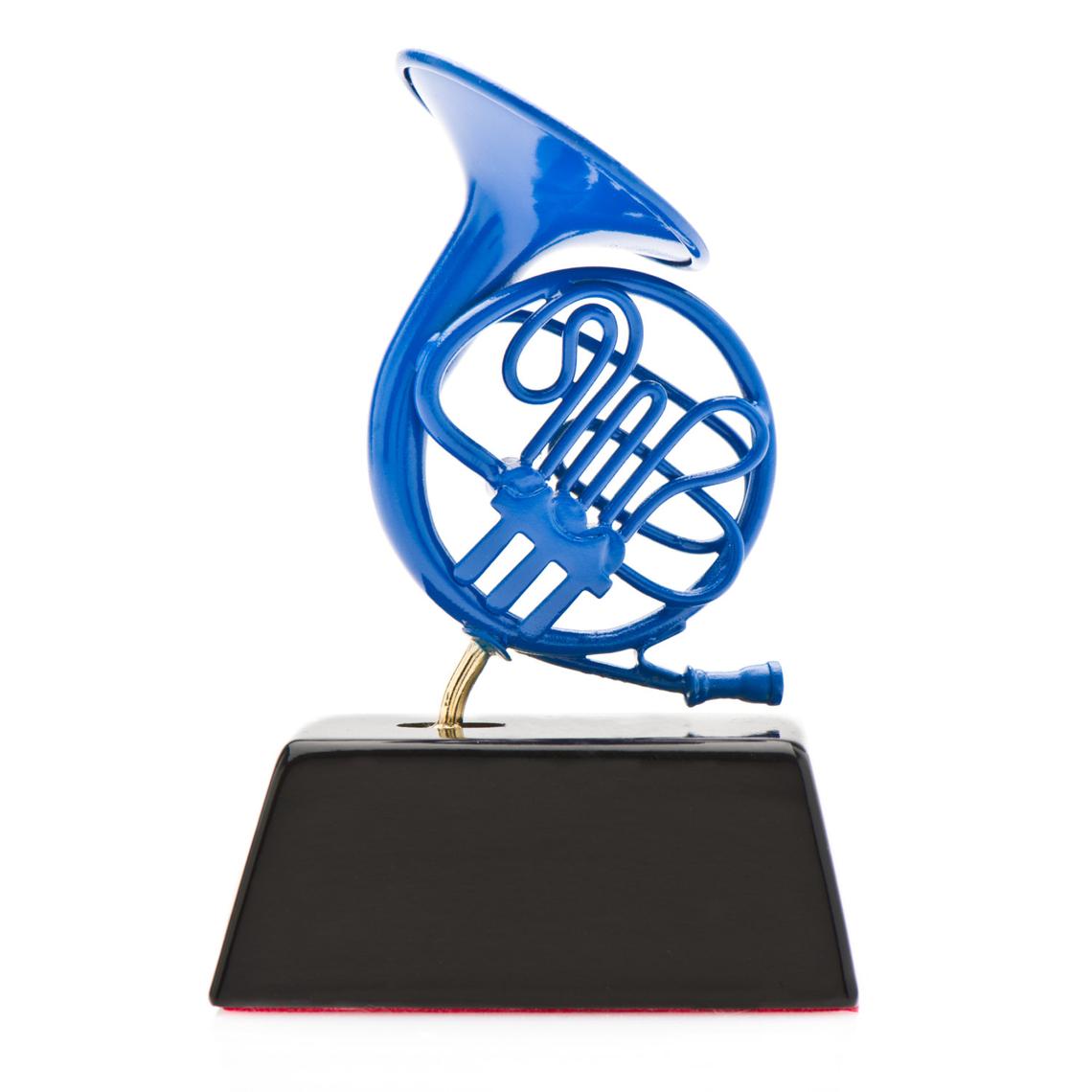 Decorative 4” Blue French Horn on Black Platform