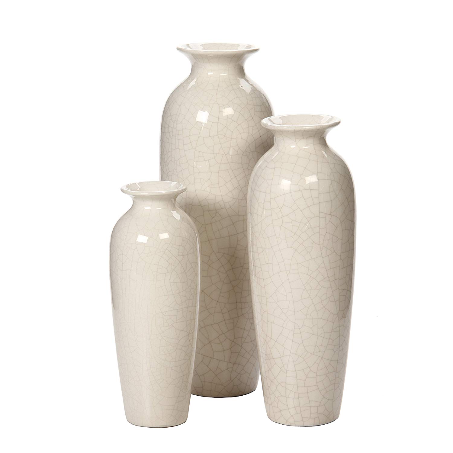 Hosley Set of 3 Crackle Ivory Ceramic Vases