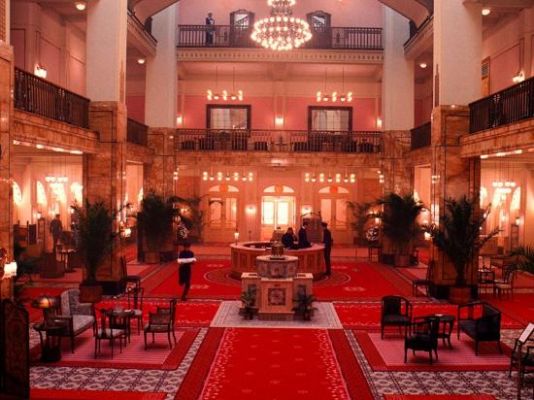 Another wide shot of the Grand Budapest Hotel’s lobby.