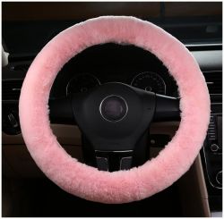 MLOVESIE Universal Genuine Sheepskin Car Steering Wheel Cover, Pink
